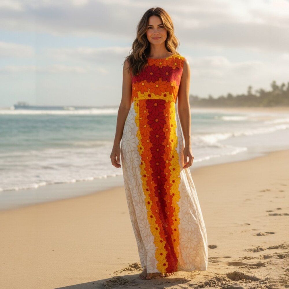 VTG Ui-Maikai Floral Maxi Dress Empire Waist 60s 70s Sleeveless Sz S-M Tropical